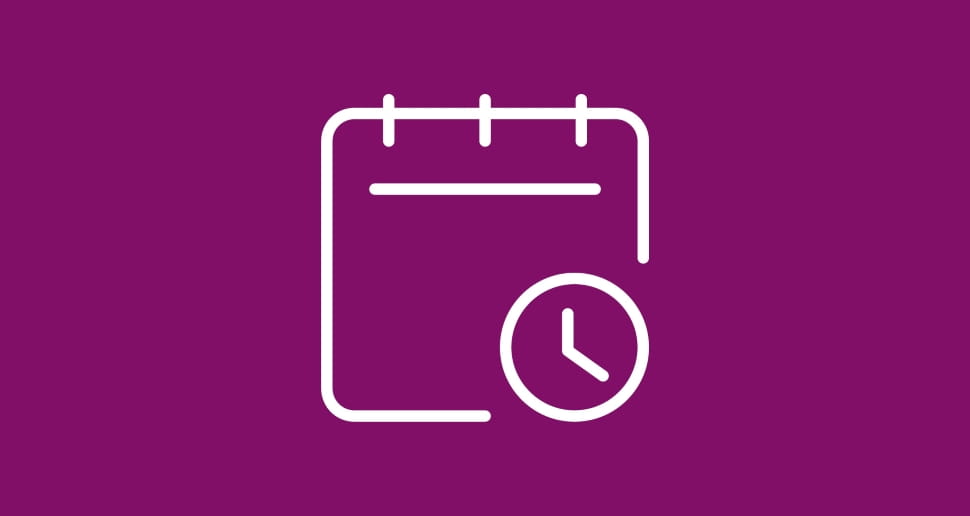 Icon of a calendar, white on a purple background